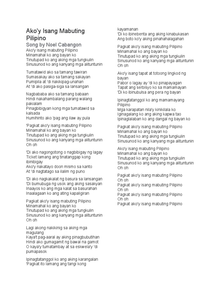 Ako'y Isang Mabuting Pilipino Song by Noel Cabangon PDF