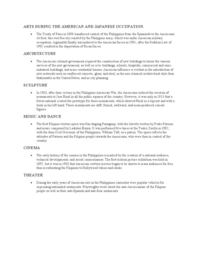 Arts During The American And Japanese Occupation Pdf Philippines
