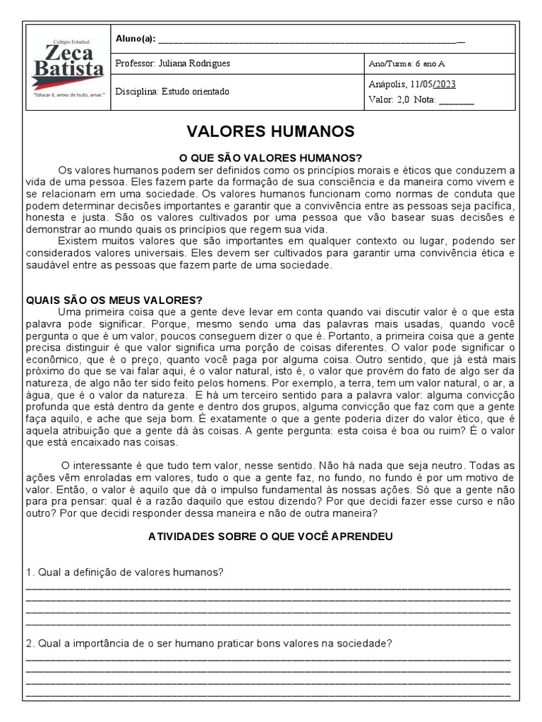 Aula 3 Valores Humanos 2a Bimes | PDF