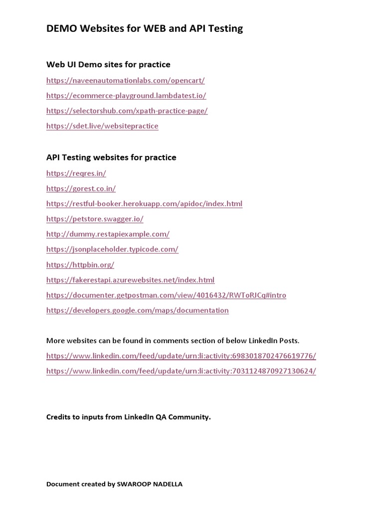 API Testing Demo Websites List | PDF