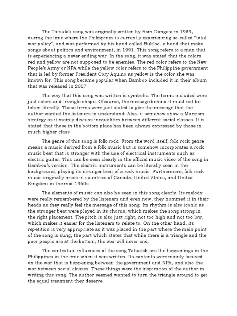 Tatsulok Song Essay PDF Performing Arts