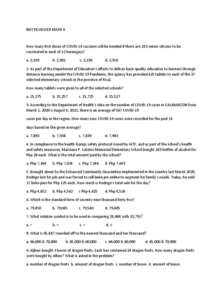 Math 6 NAT Reviewer with Answers | PDF