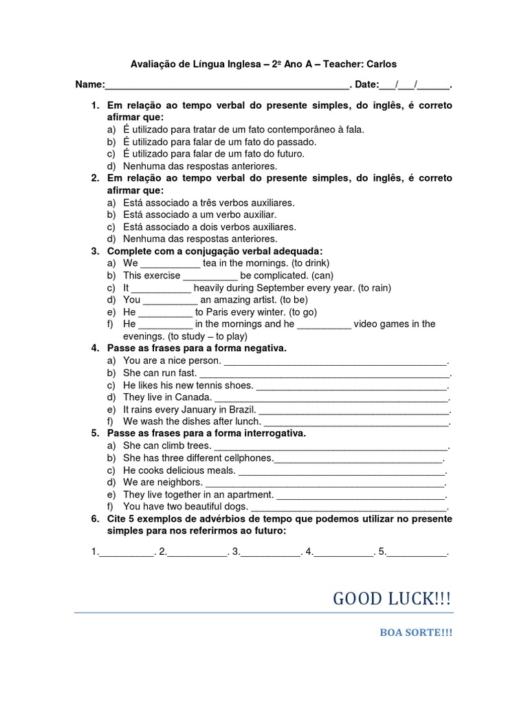 Prova de Inglês - 2º Ano A | PDF | Gramática | Tipologia linguística
