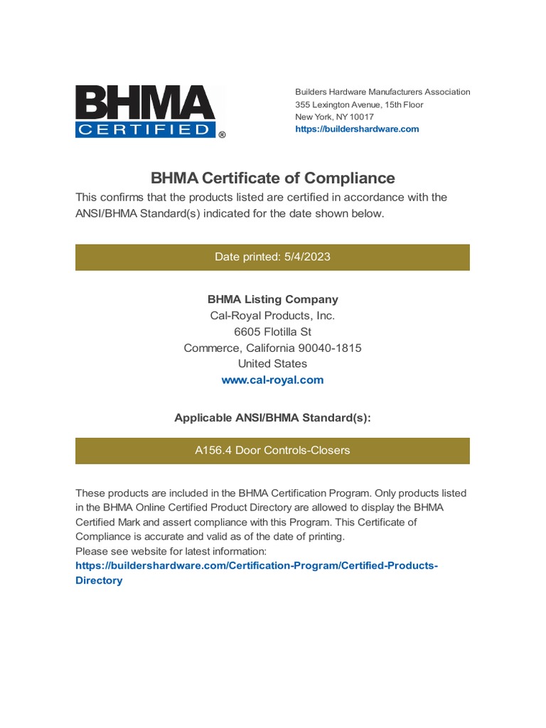 bhma-cpd-cal-royalproductsinc-a1564doorcontrols-closers-5-4-2023-pdf