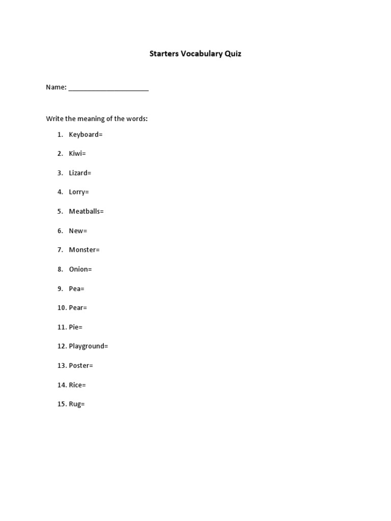 Starters Vocabulary Quiz PDF