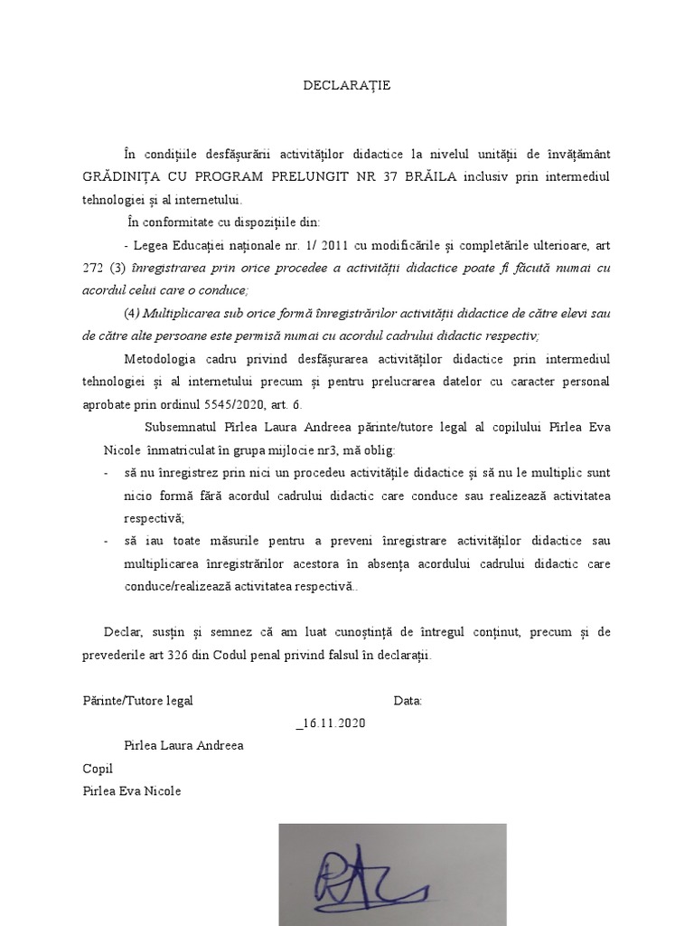Declarație Parinte-Copil | PDF
