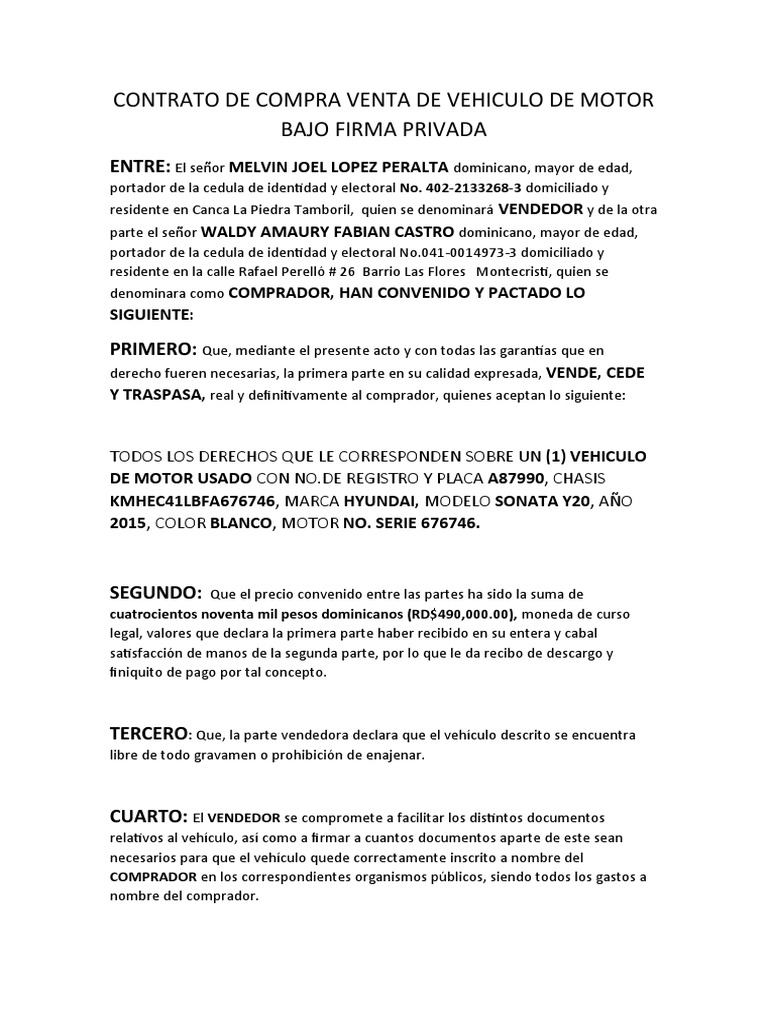 Contrato de Compra Venta de Vehiculo | PDF