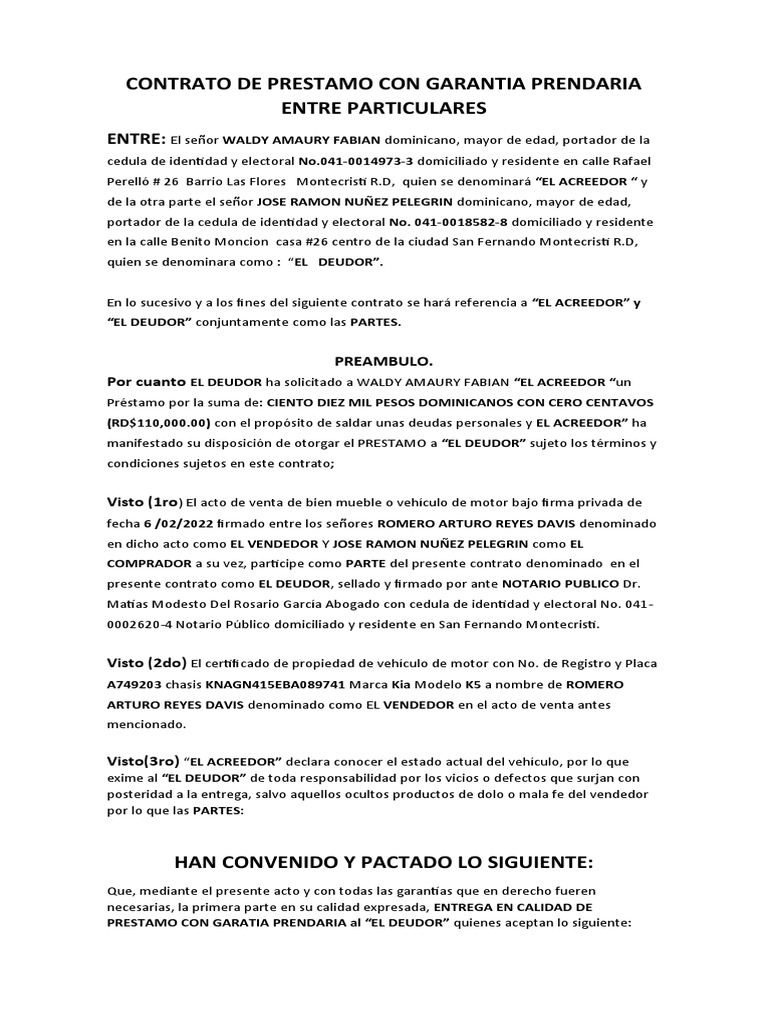 Contrato de Préstamo con Garantía Prendaria | PDF