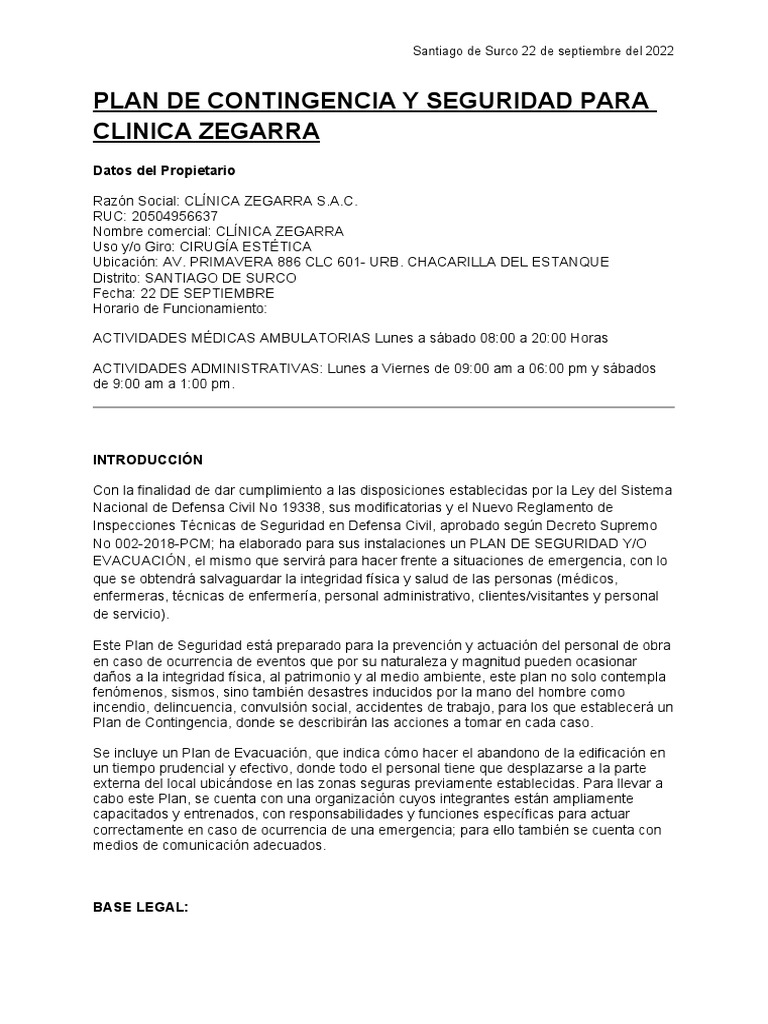 Plan de Contingencia y Seguridad para Clinica Zegarra | PDF