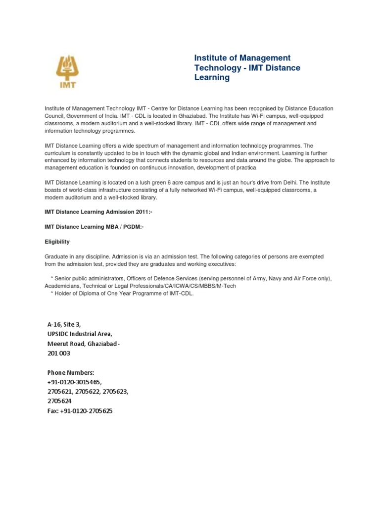 IMT Distance Learning Programs Overview | PDF | Master Of Business ...