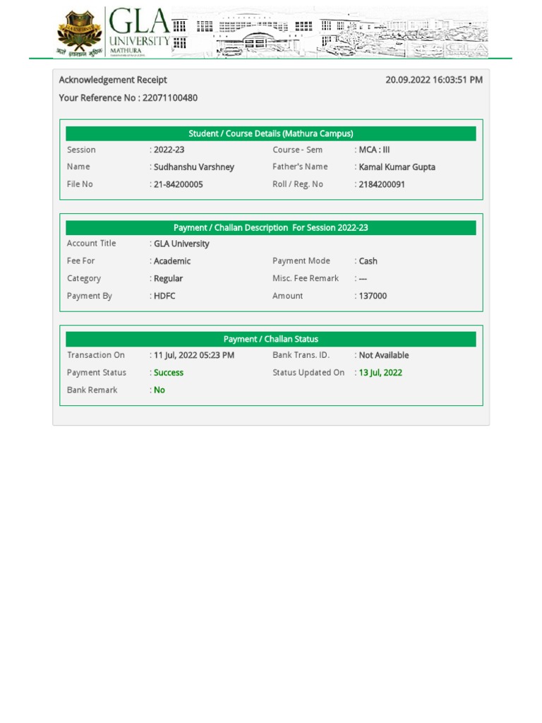 GLA University MCA Fee Receipt 2022-23 | PDF