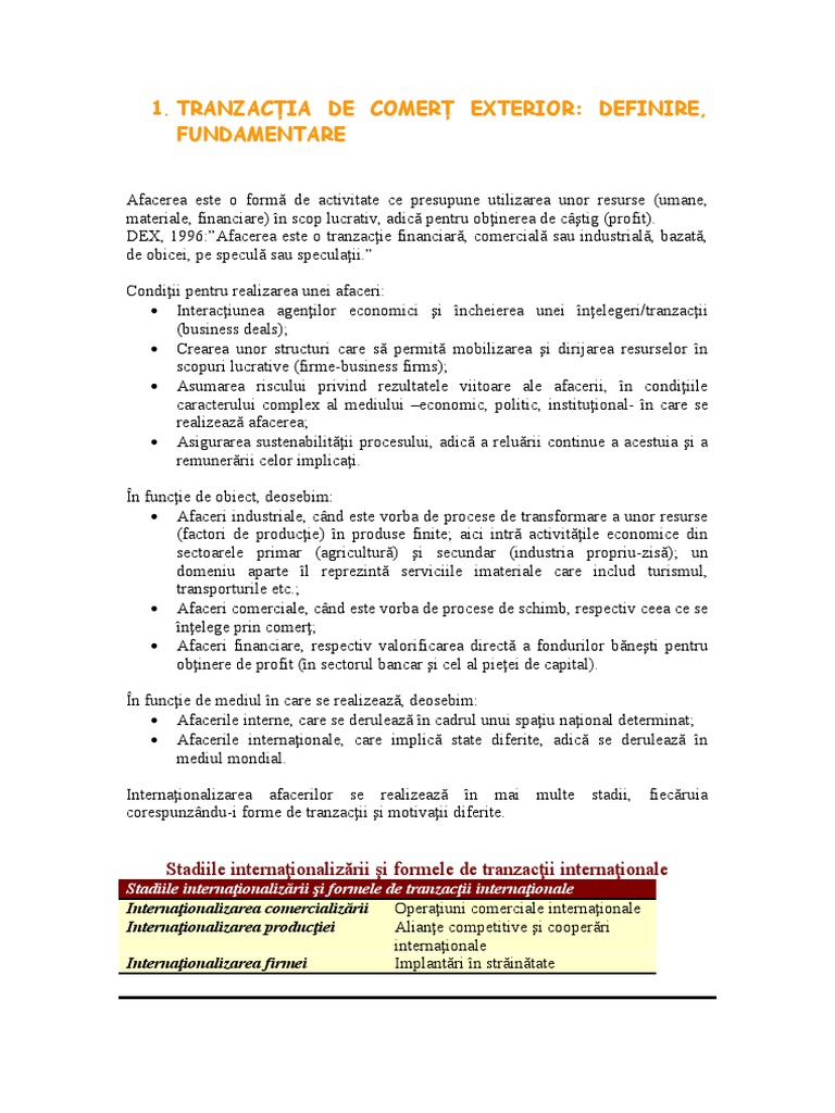 Capitolul 01 - Tranzactia de Comert Exterior | PDF