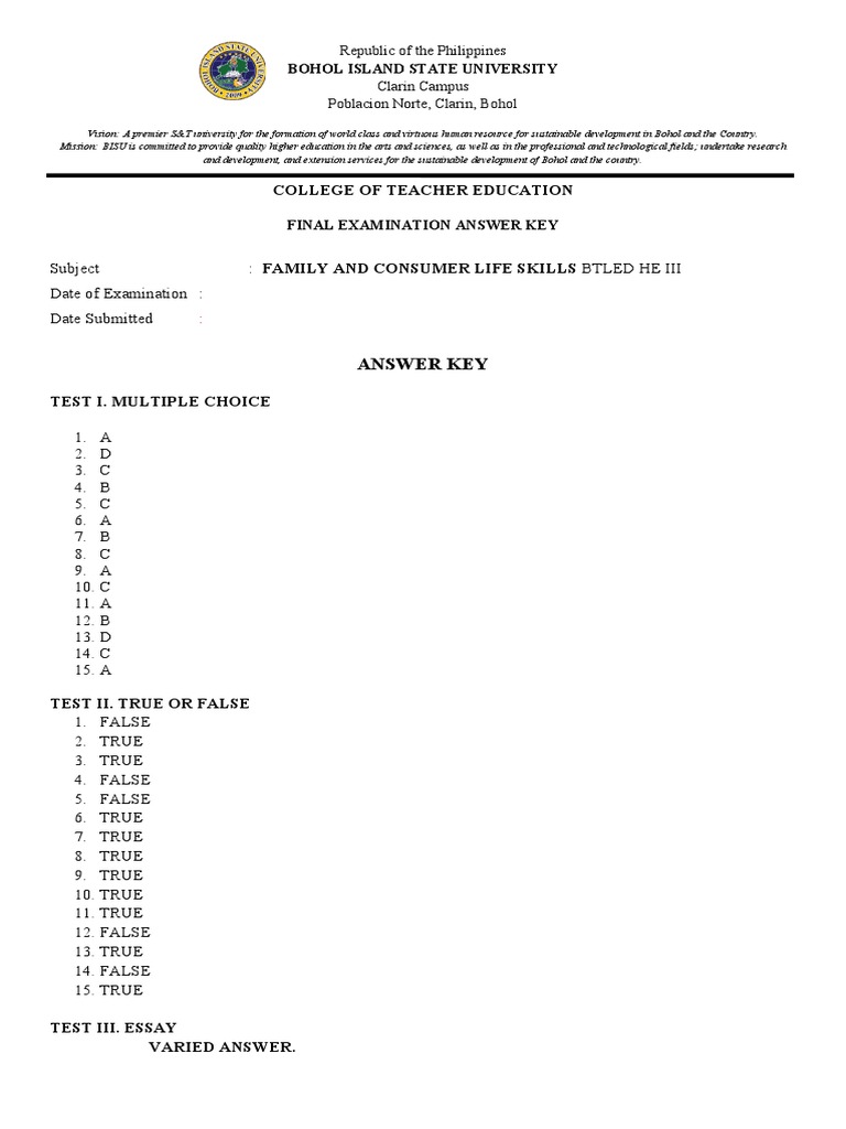 Family and Consumer Life Skills Exam Key | PDF