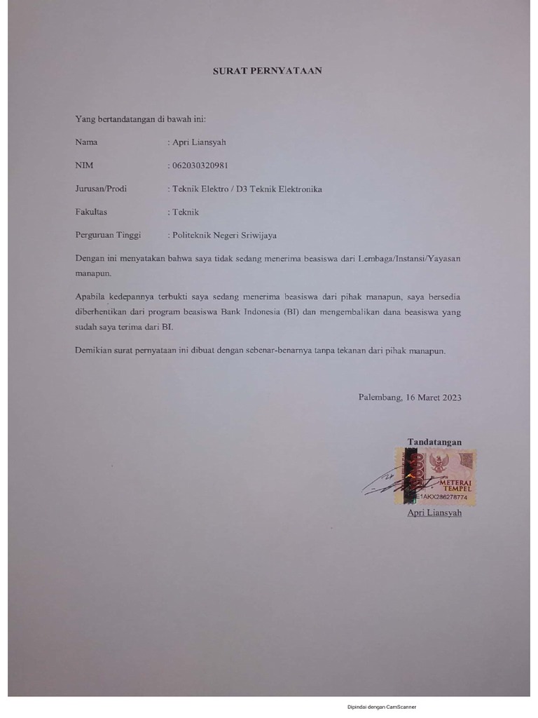 Surat Pernyataan Tidak Menerima Beasiswa Lain PDF | PDF