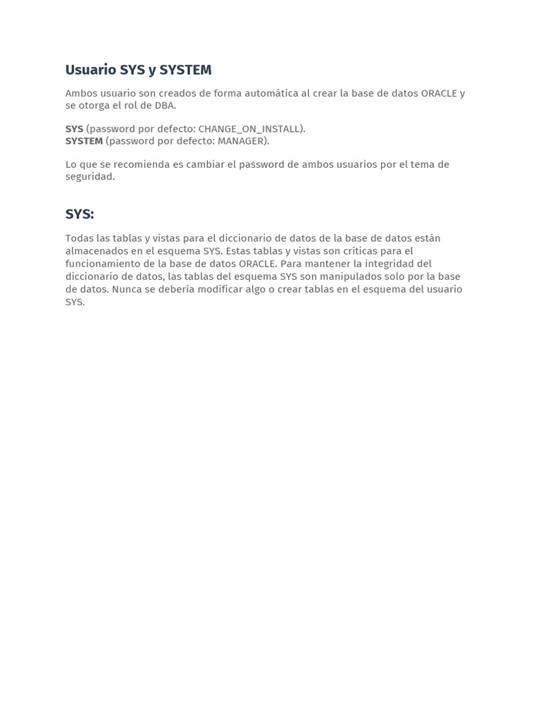 Usuarios SYS y SYSTEM en Oracle | PDF