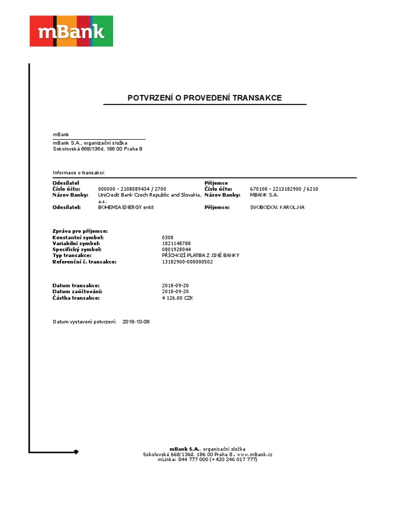 Potvrzení O Provedení Transakce | PDF