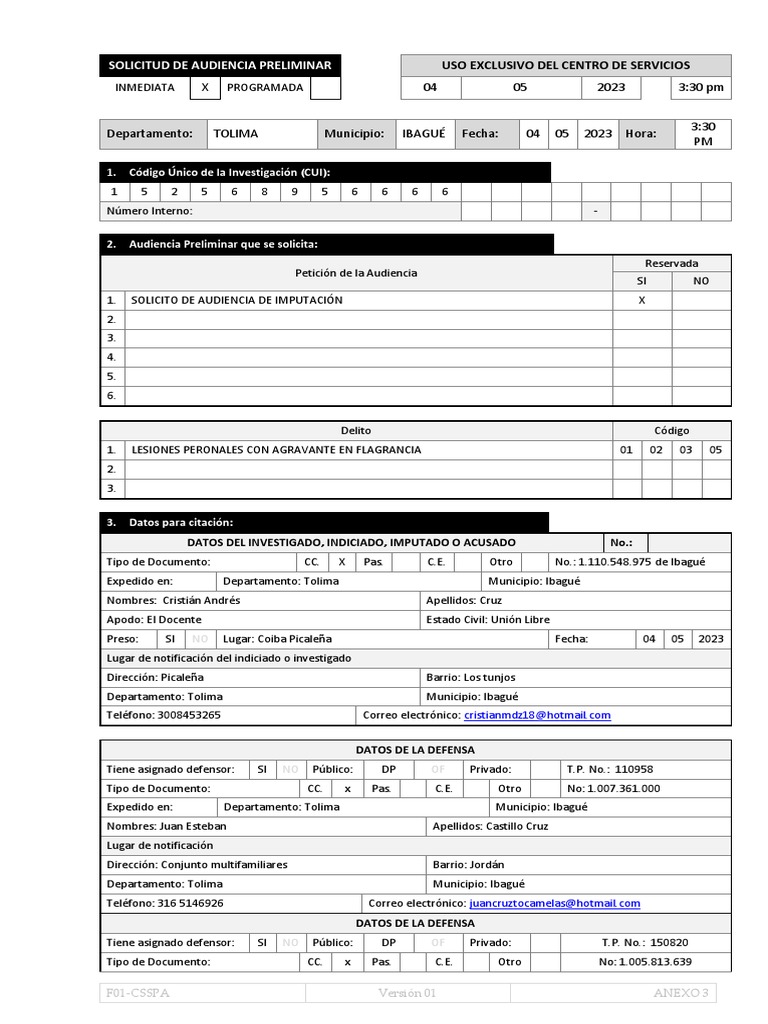 Formato Solicitud Audiencia Preliminar PDF