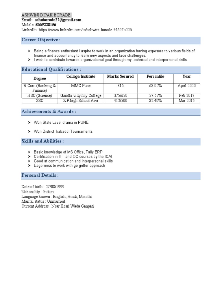 Ashwini Borade Resume Finance Pdf