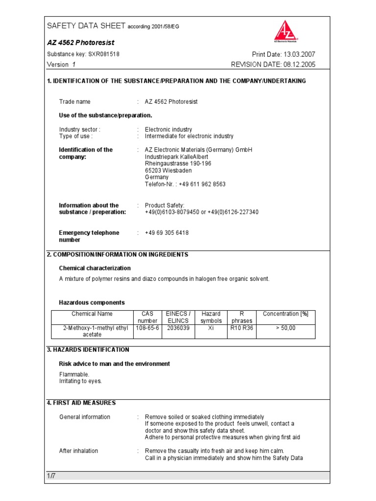 AZ 4562 Photoresist Safety Data Sheet | PDF