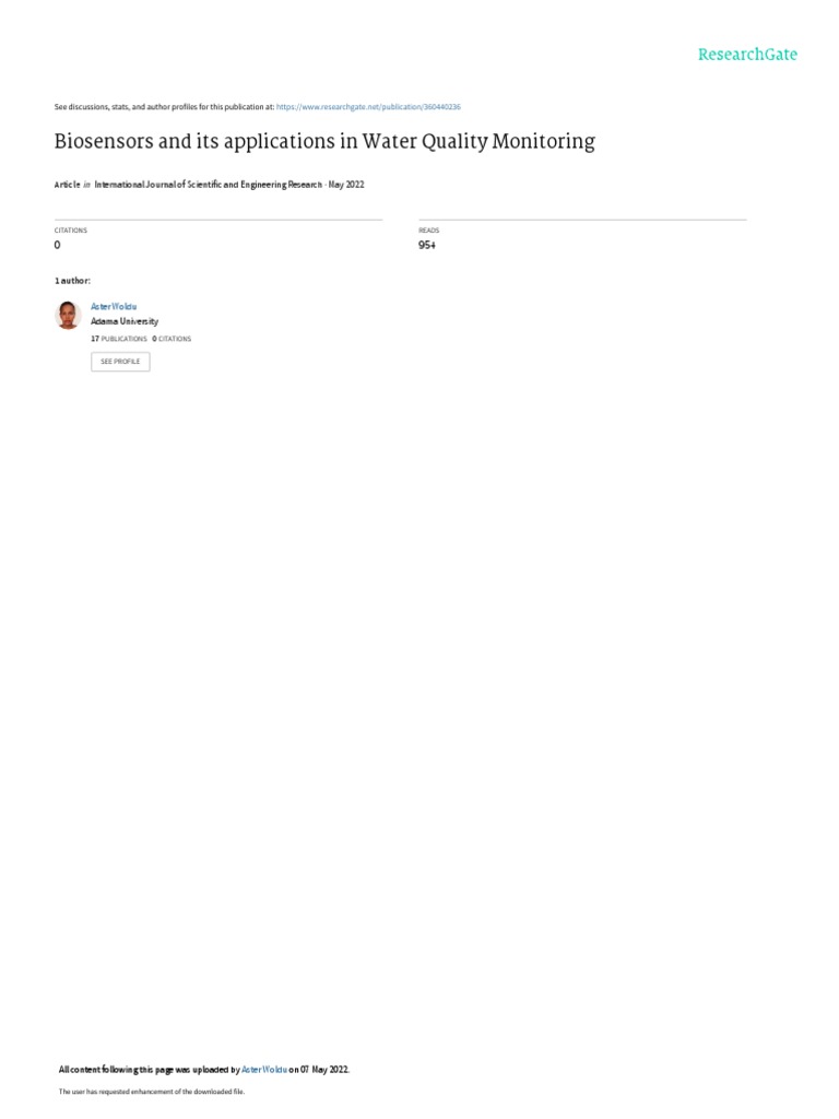 Biosensors and Its Applications in Water Quality Monitoring PDF PDF Biosensor Infection