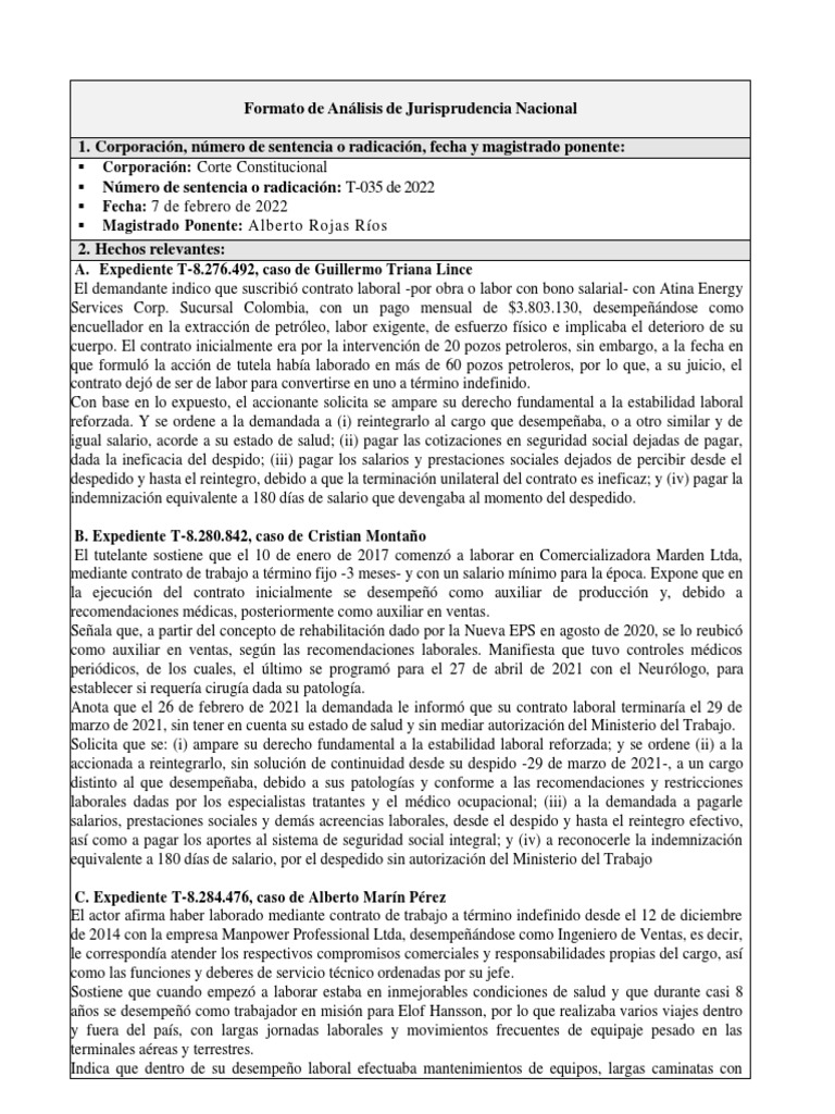 Sentencia T-035 de 2022 PDF | PDF