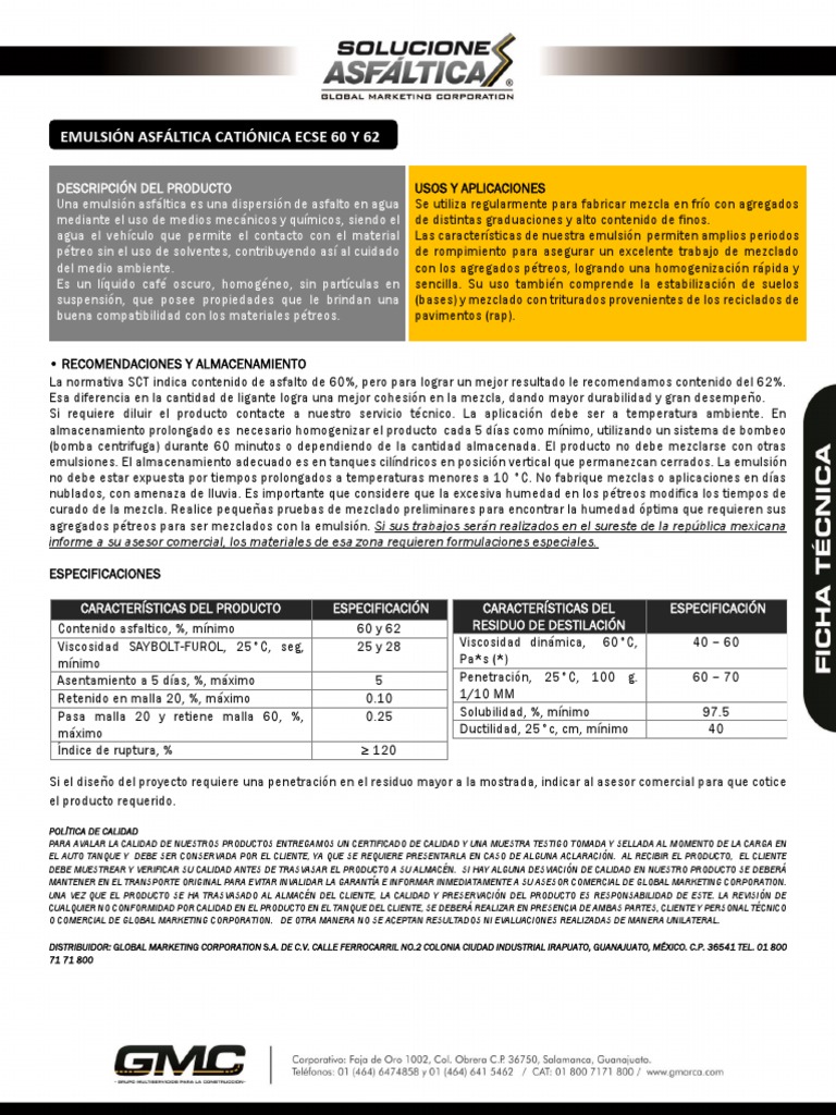 Emulsión Asfáltica Catiónica ECSE 60/62 | PDF | Emulsión | Agua