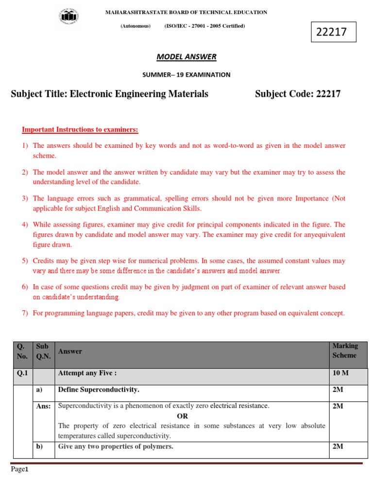 Subject Title Electronic Engineering Materials Subject Code 22217