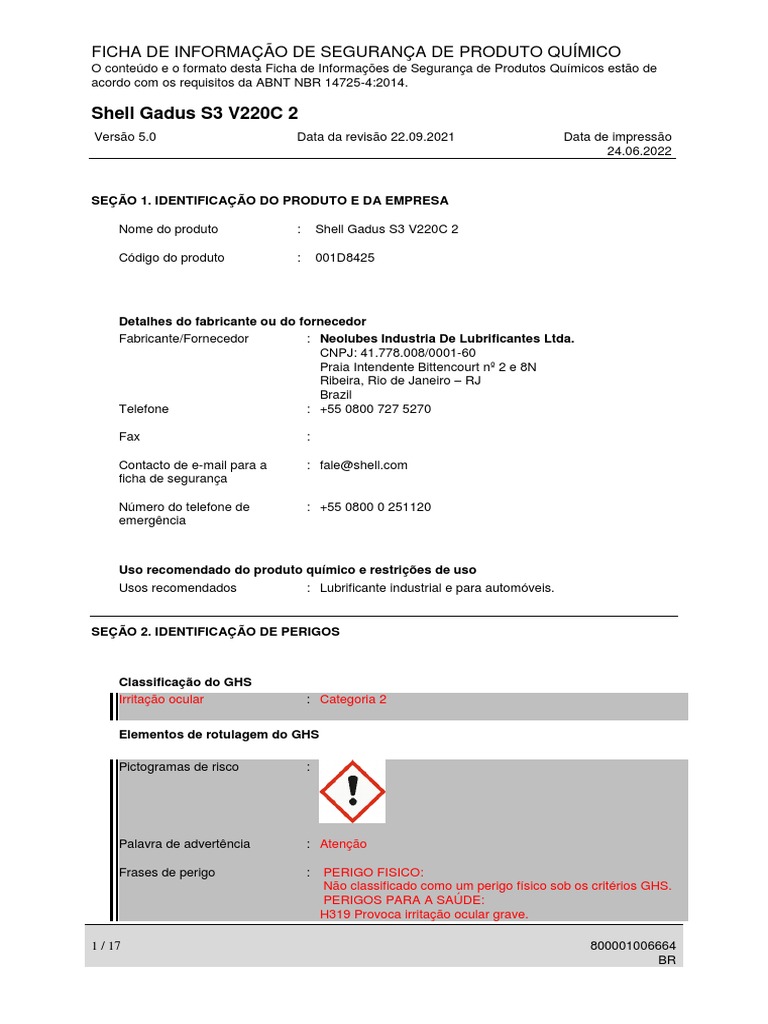 FISPQ - Shell Gadus S3 V220C 2 Graxa Automotiva e Industrial PDF | PDF