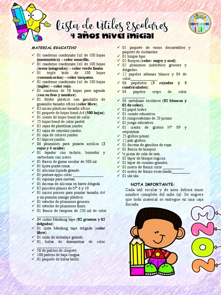Lista de Material - 4 Años | PDF