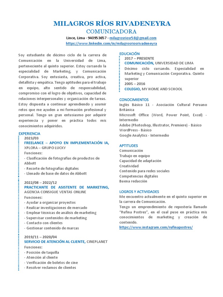 Perfil Profesional de Milagros Ríos Rivadeneira | PDF | Marketing ...