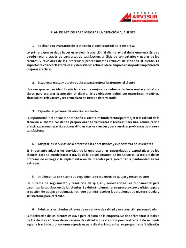 Plan de Acción para Mejorar Atención al Cliente | PDF | Servicio al ...