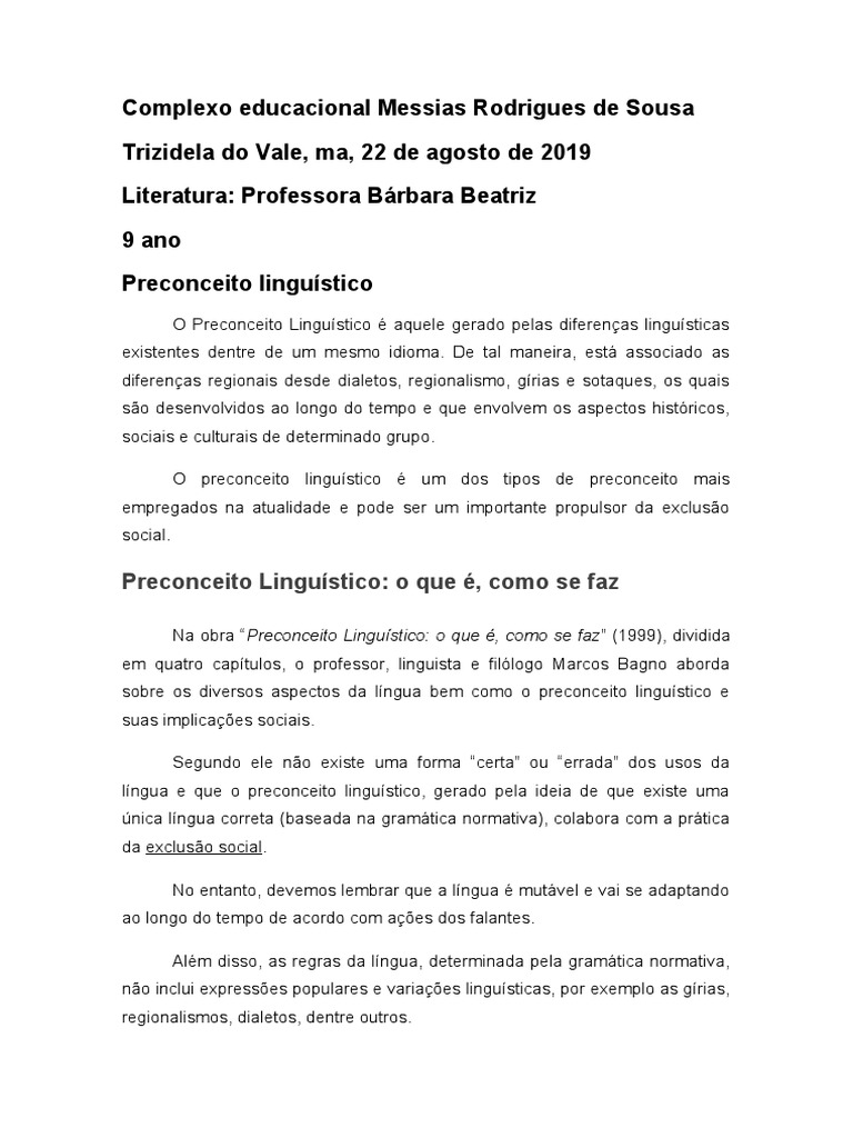 Preconceito Linguístico no Brasil | PDF