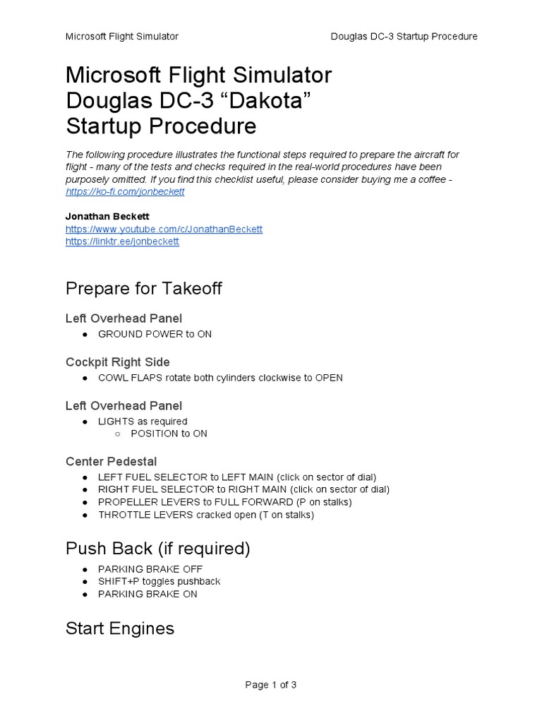 DC-3 Startup Procedure for MSFS | PDF