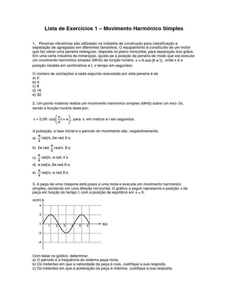 Exercícios sobre Movimento Harmônico Simples | PDF | Pêndulo | Massa