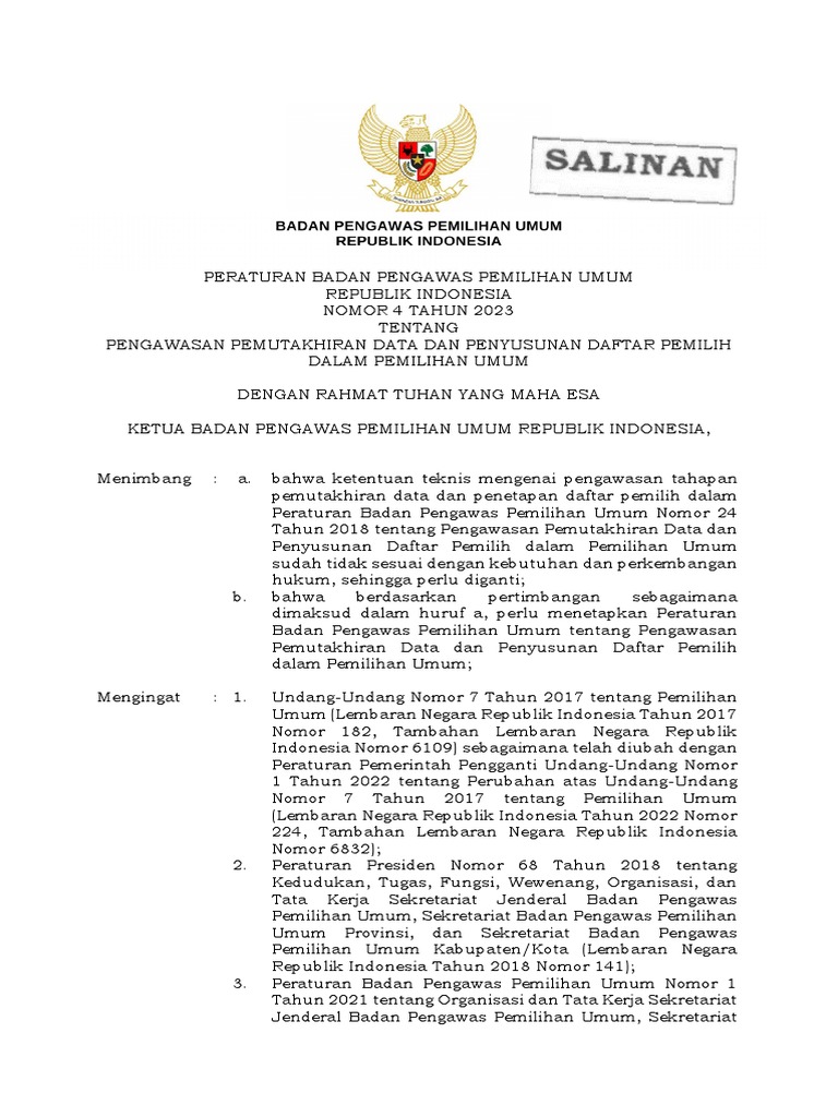 Peraturan Bawaslu Nomor 4 Tahun 2023 Tentang Pengawasan DPT JDIH