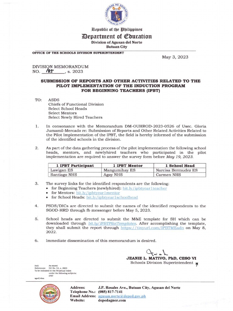 DM185s2023 Submission of Reports and Other Activities Related To The ...