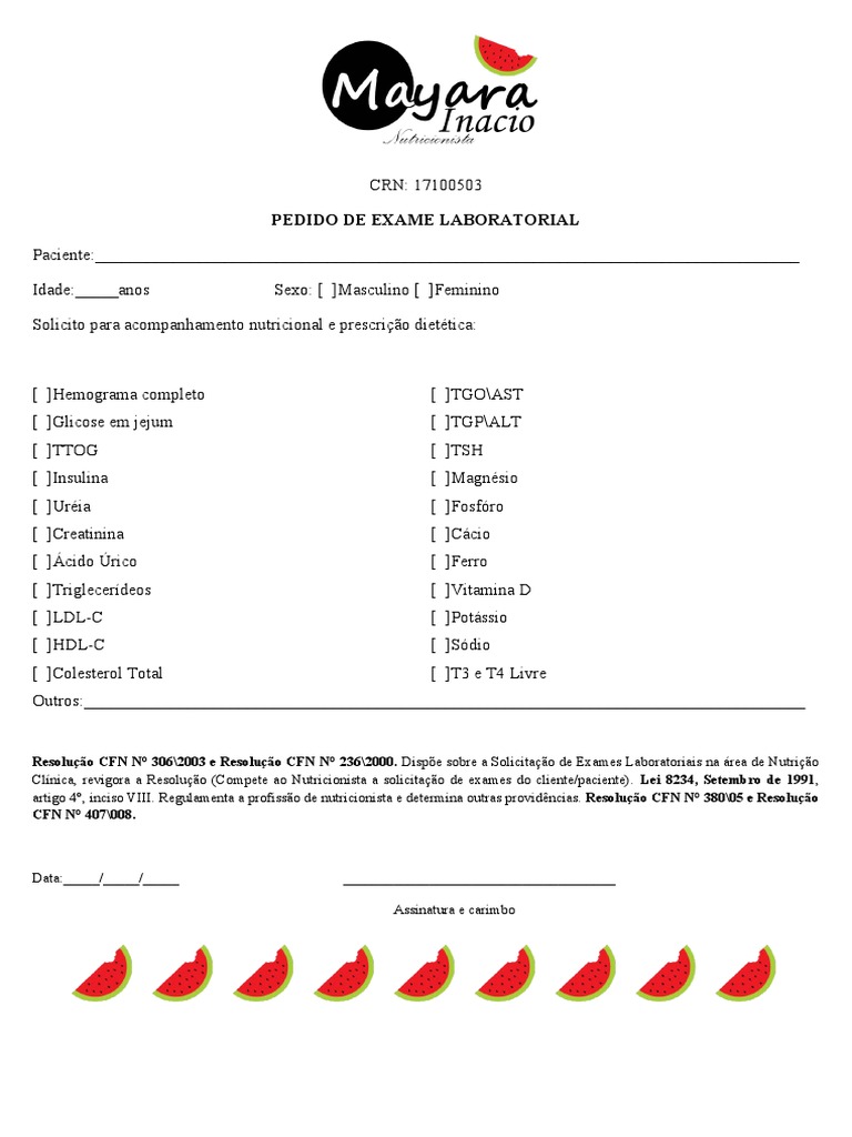 Solicitação de Exame para Nutricionista PDF