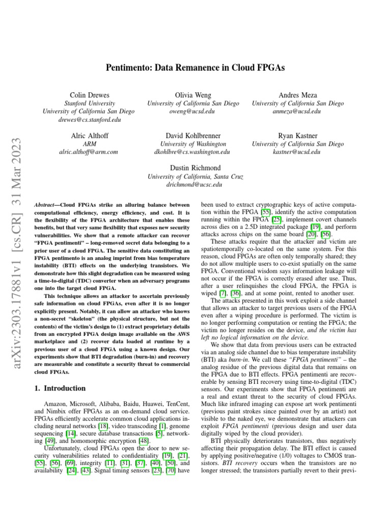 Pentimento: Data Remanence in Cloud Fpgas: Colin Drewes Olivia Weng ...