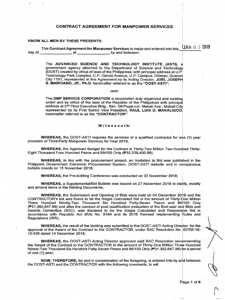 DBP Contract Manpower Services 2019 Signed PDF | PDF