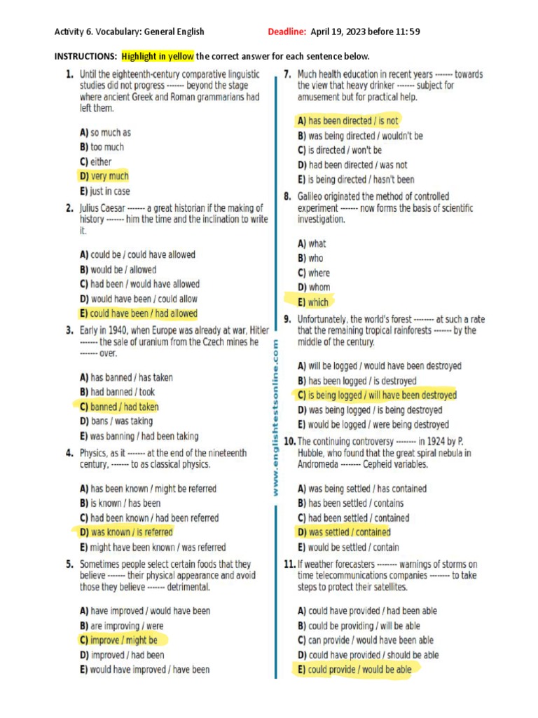 INSTRUCTIONS Highlight in Yellow The Correct Answer For Each Sentence
