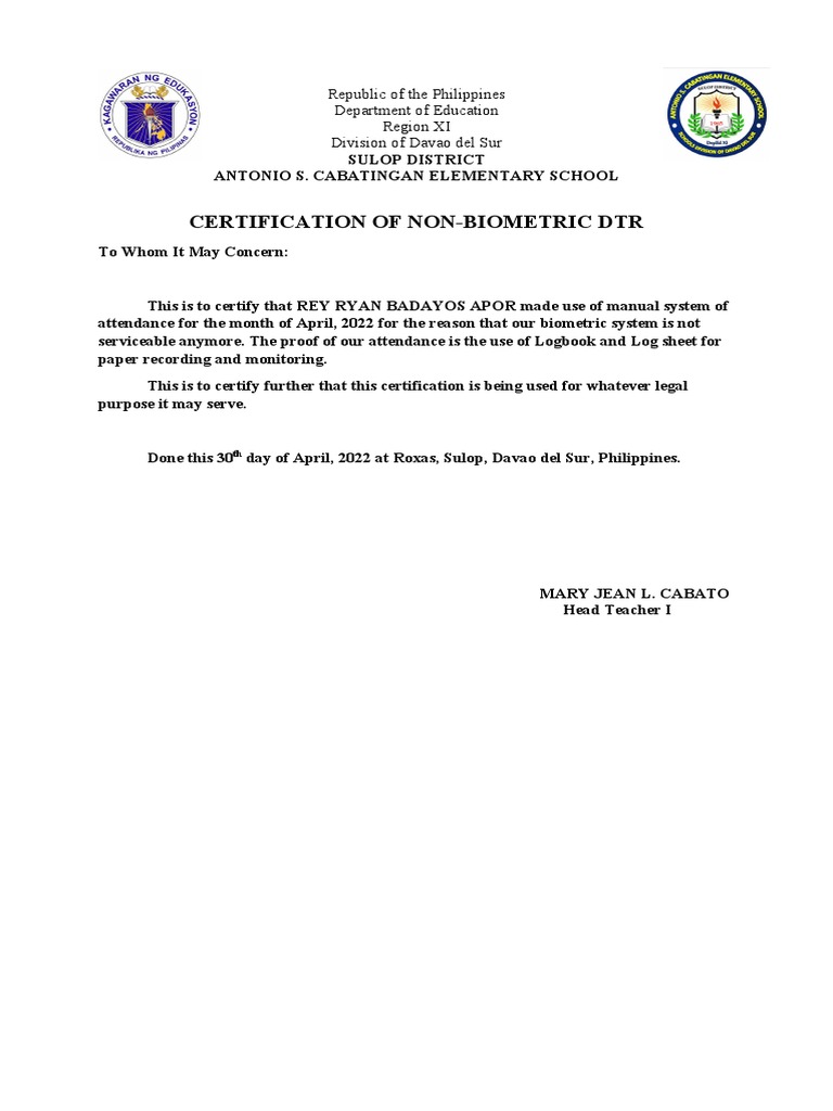 Certification of Non-Biometric Attendance | PDF