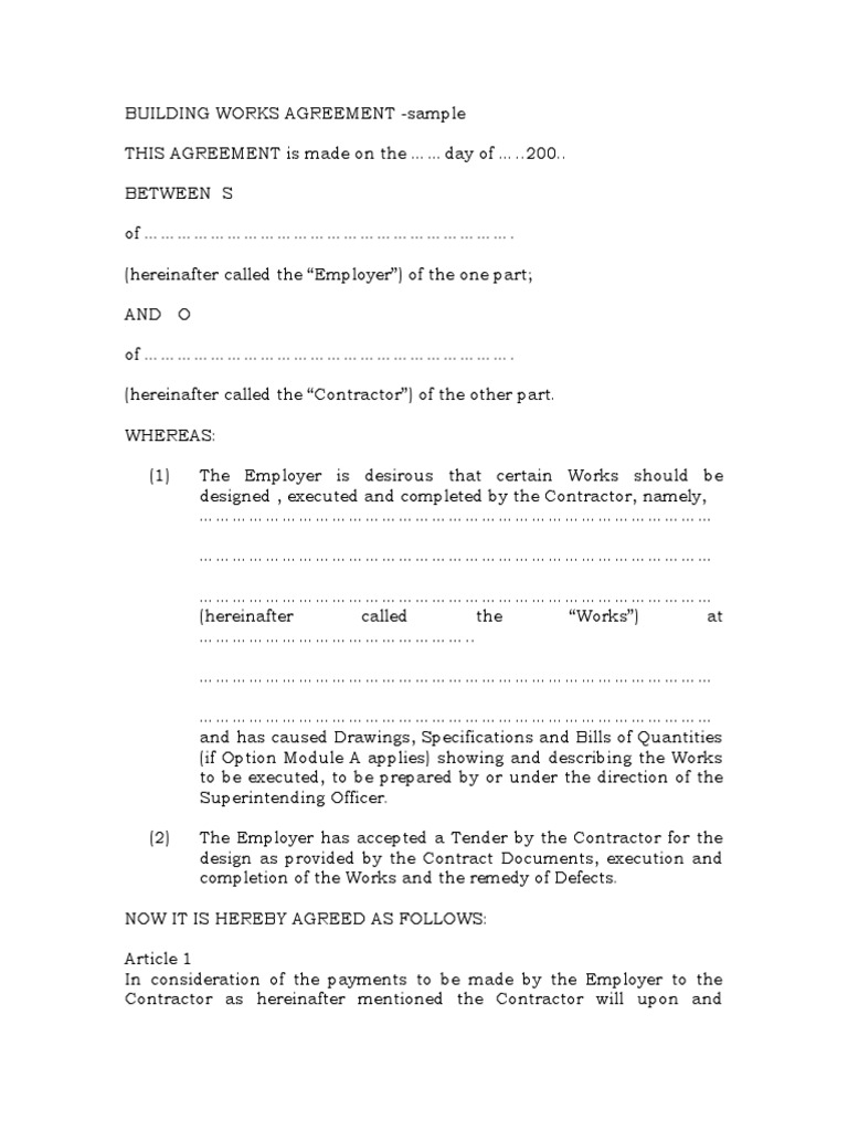 Sample Building Works Agreement | PDF | Civil Law (Legal System ...