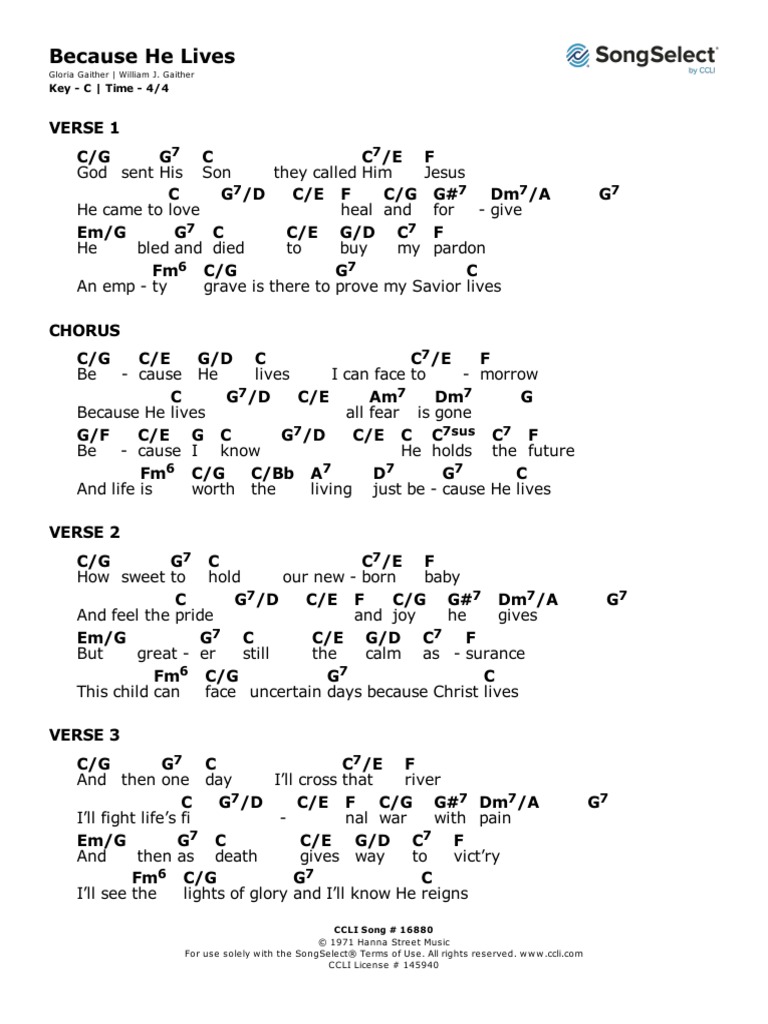Because He Lives - Chord Chart in C | PDF for Free Printable Because He Lives Sheet Music