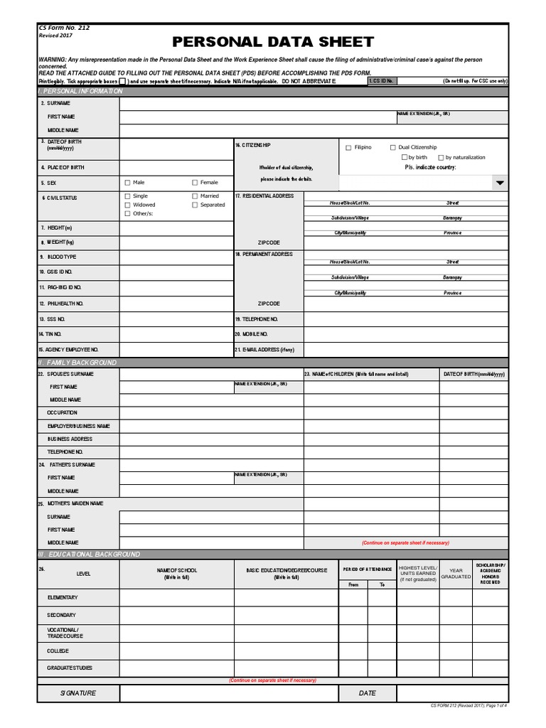 CS Form No. 212 Personal Data Sheet revised.pdf | PDF
