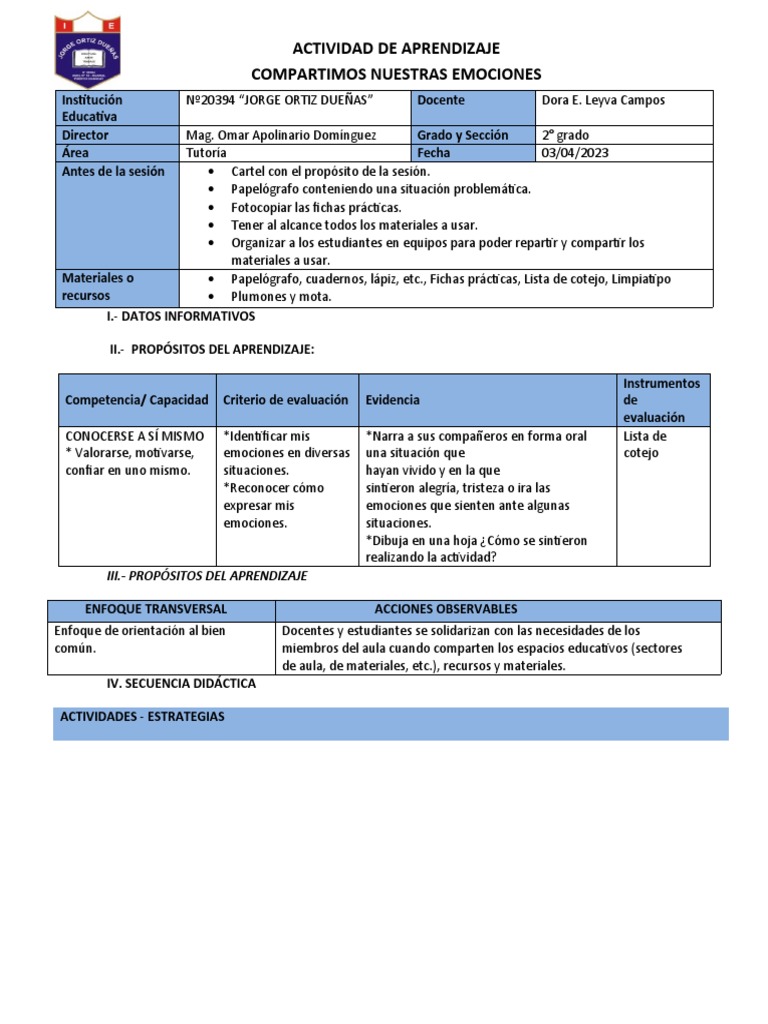 Tutoria Mis Emociones Pdf