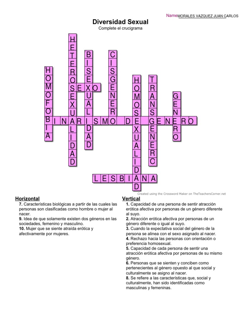 Crucigrama sobre Diversidad Sexual PDF LGBT Estudios LGBTQIA+