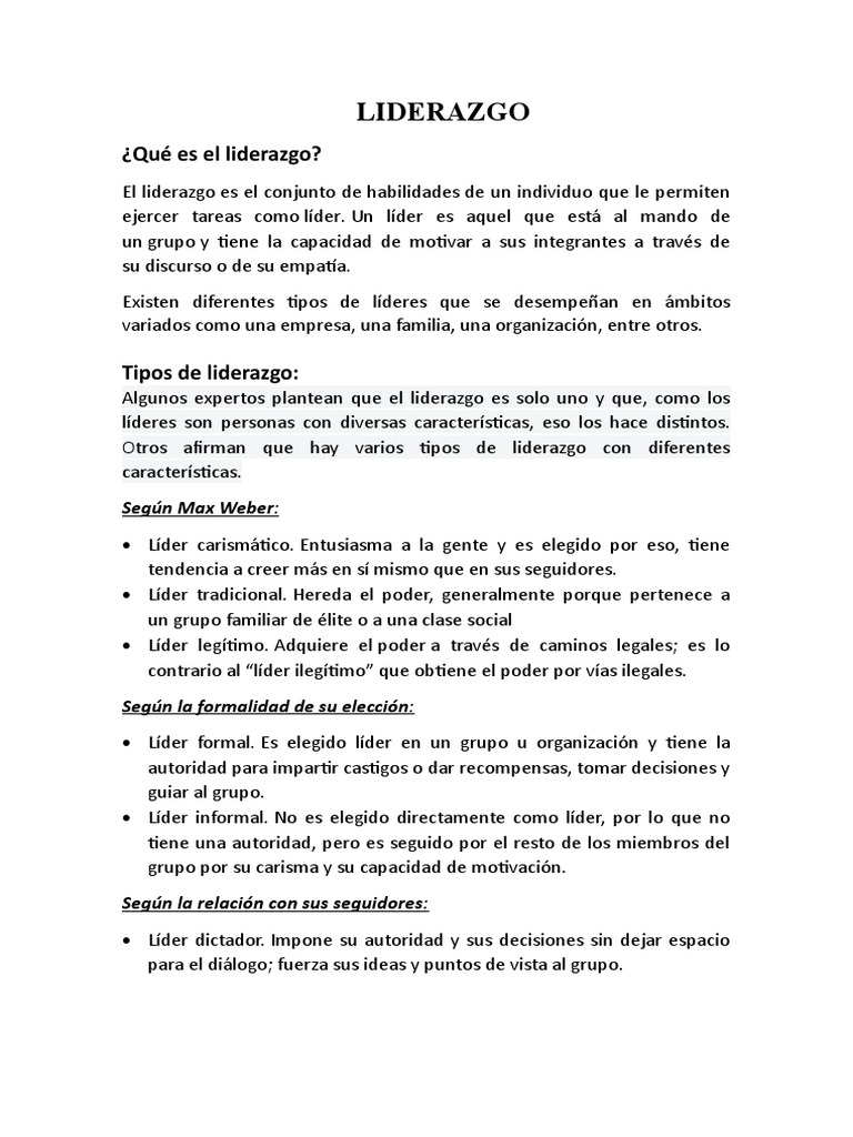 Liderazgo y tipos de líderes legítimos | PDF | Crecimiento personal y ...