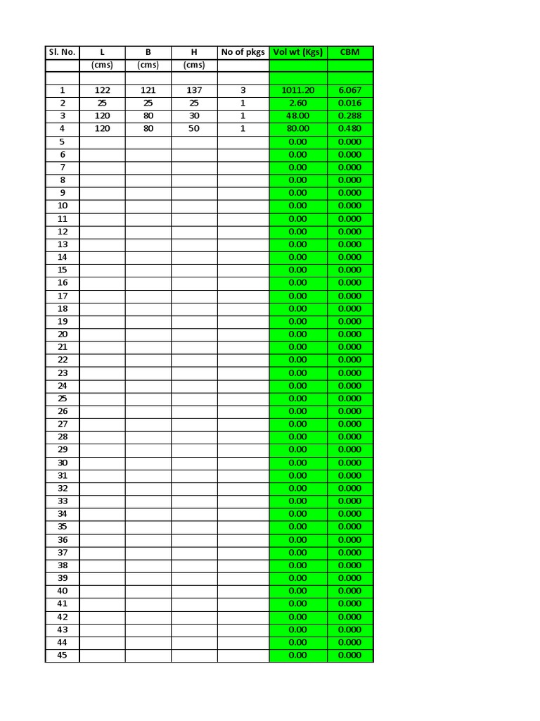 Vol Weight Dimension Calculator PDF