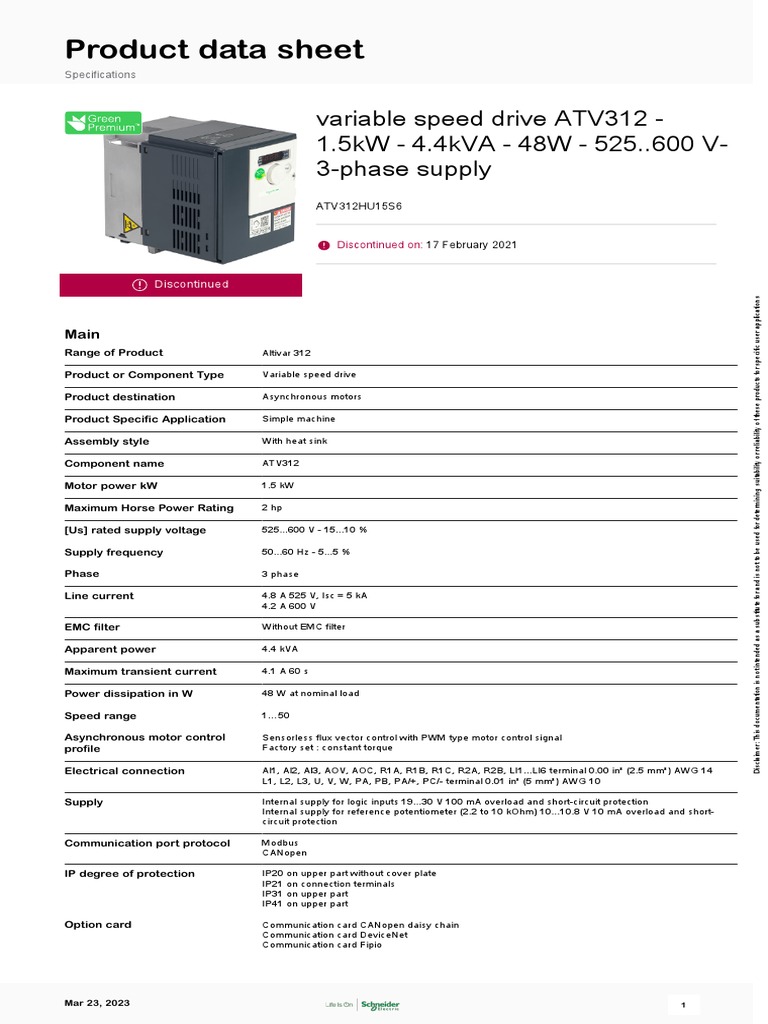 Altivar 312 Variable Frequency Drives VFD - ATV312HU15S6 PDF | PDF