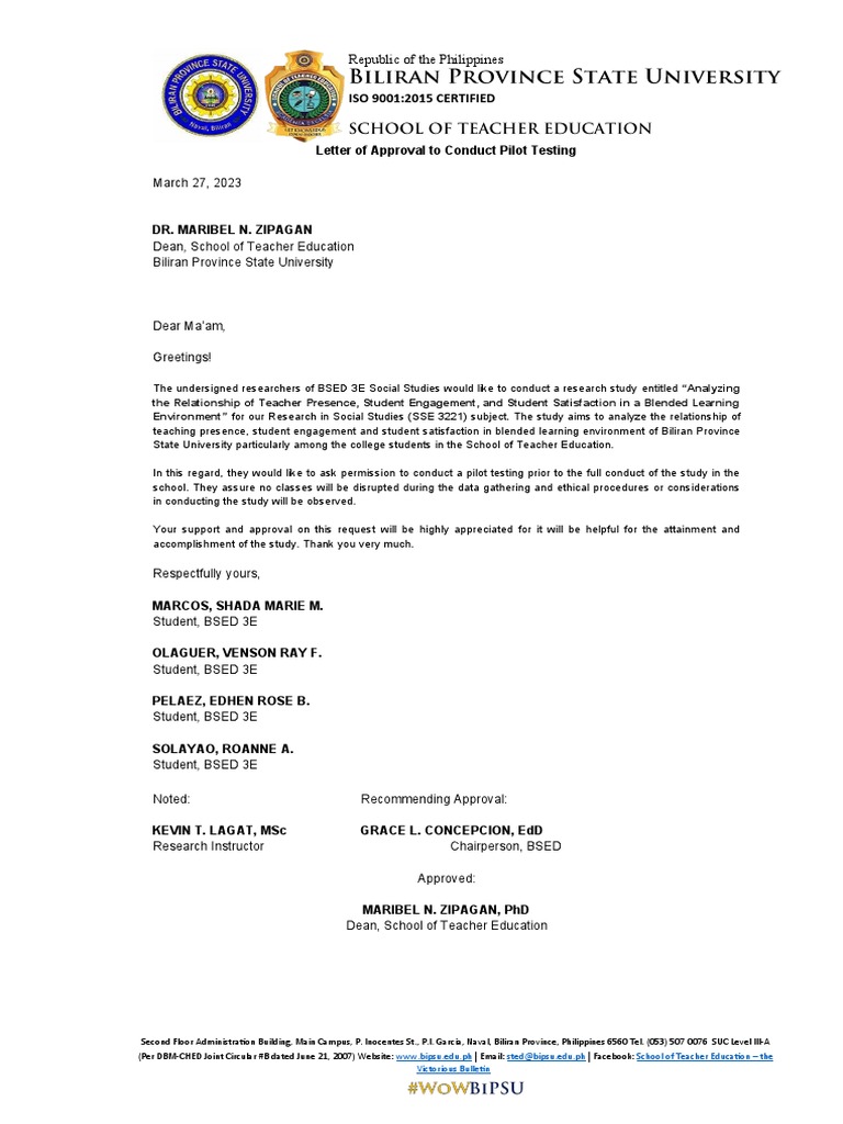 Approval Letter for Pilot Testing | PDF